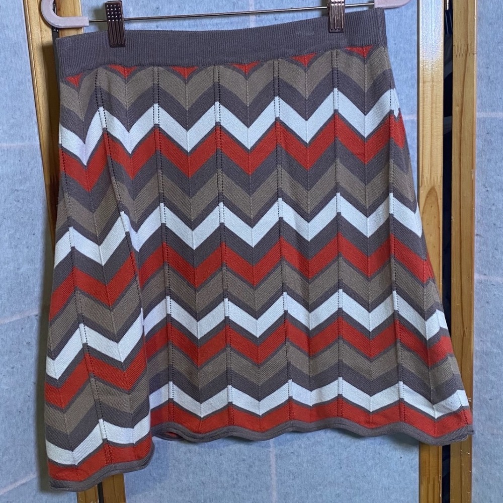 Retro Y2K Small Chevron Knit‎ A-Line Skirt Brown Orange Cream Zig Zag Boho Short